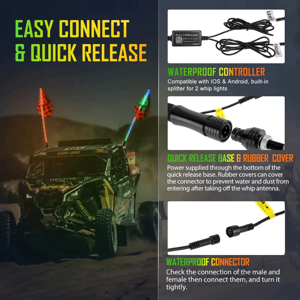 Auxbeam RGB Turn Signal & Brake Light with Bluetooth App/Remote Control Flag LED Whip Light - 3 Feet | Auxbeam | Auxbeam LED Fancy Lights - Image 9
