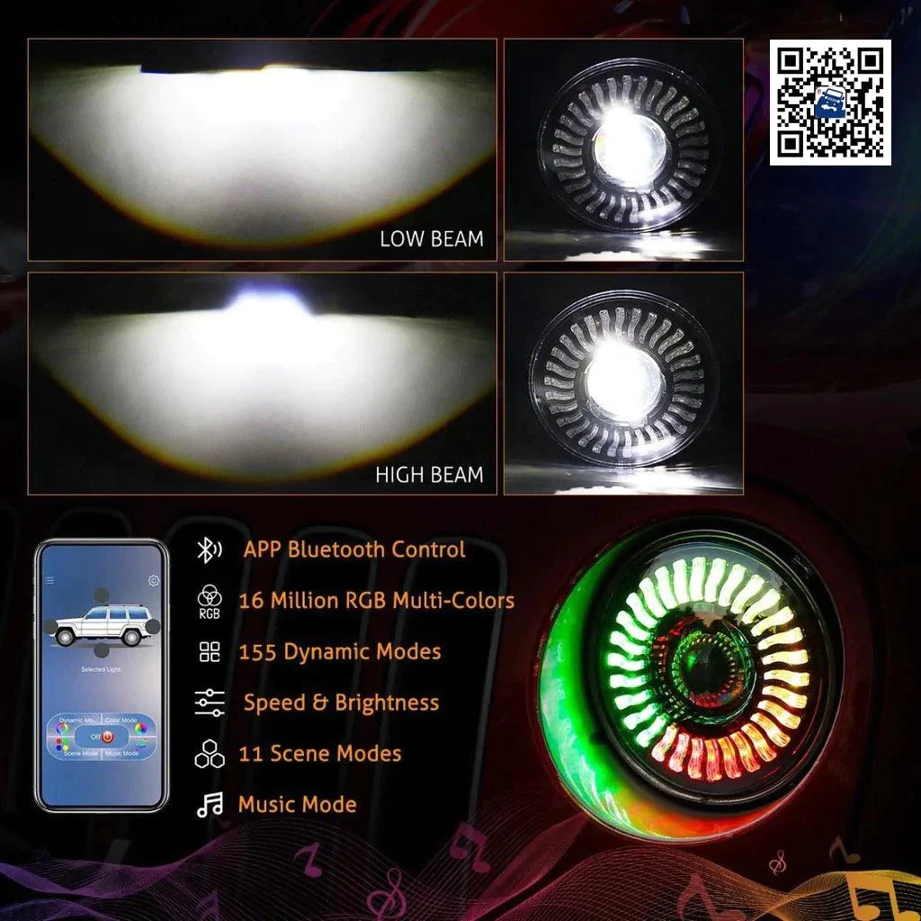 Auxbeam 7 inch 80W 8000Lumens LED Headlight RGB Flowing Halo Ring | Auxbeam | Auxbeam LED Headlights Assemblies - Image 4