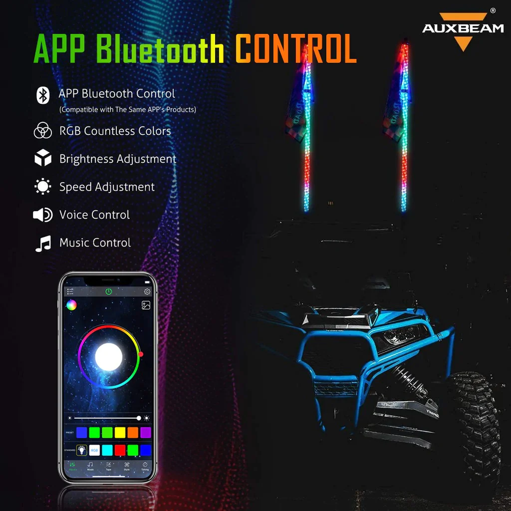Auxbeam RGB Turn Signal & Brake Light with Bluetooth App/Remote Control Flag LED Whip Light - 3 Feet | Auxbeam | Auxbeam LED Fancy Lights - Image 6