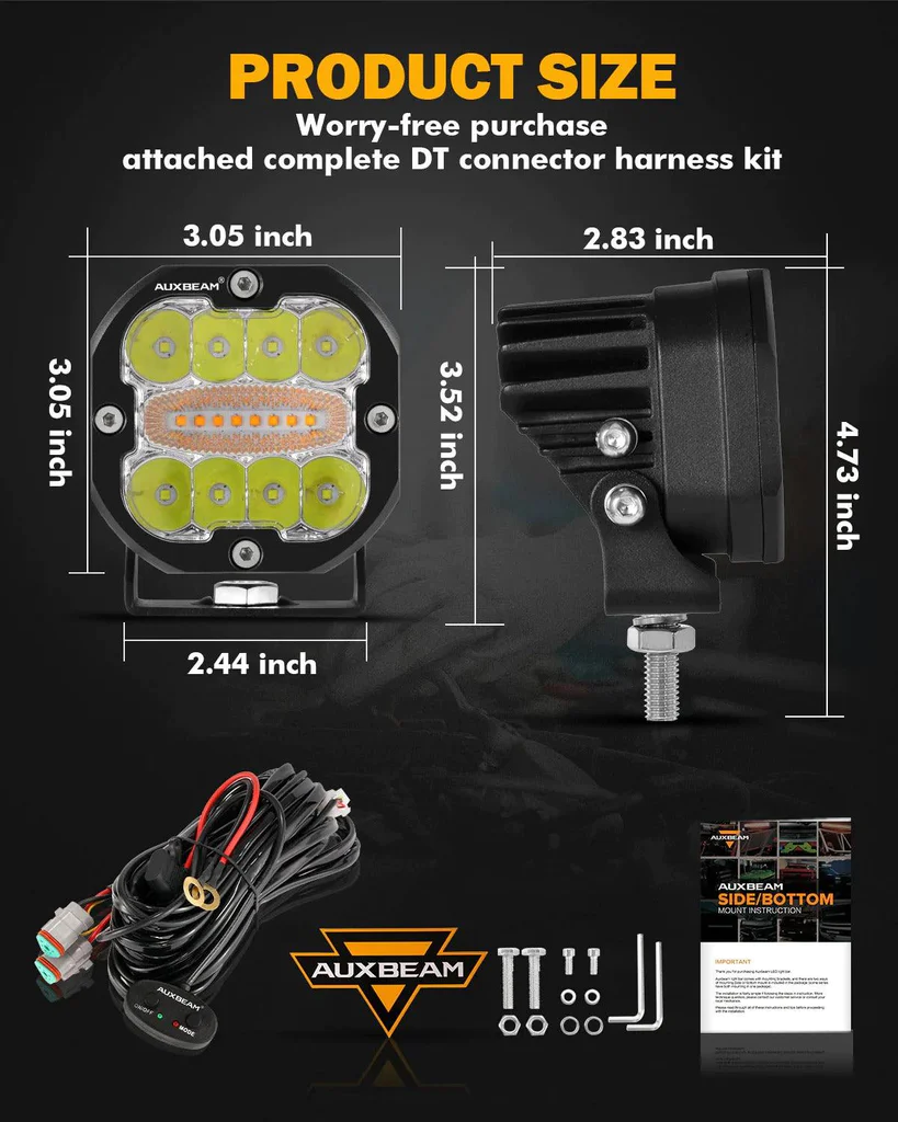 Auxbeam 3 Inch 96W 9600 Lumens 6 Modes White&Amber Flashing LED Pod Lights | Auxbeam | Auxbeam Auxiliary Lights - Image 4