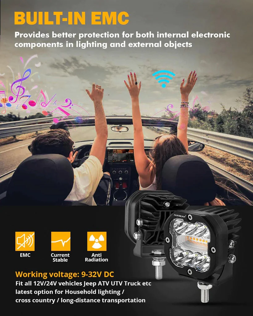 Auxbeam 3 Inch 96W 9600 Lumens 6 Modes White&Amber Flashing LED Pod Lights | Auxbeam | Auxbeam Auxiliary Lights - Image 5